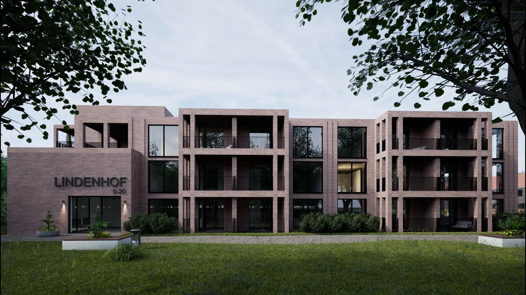Front facade of Lindenhof with entrance and evening light