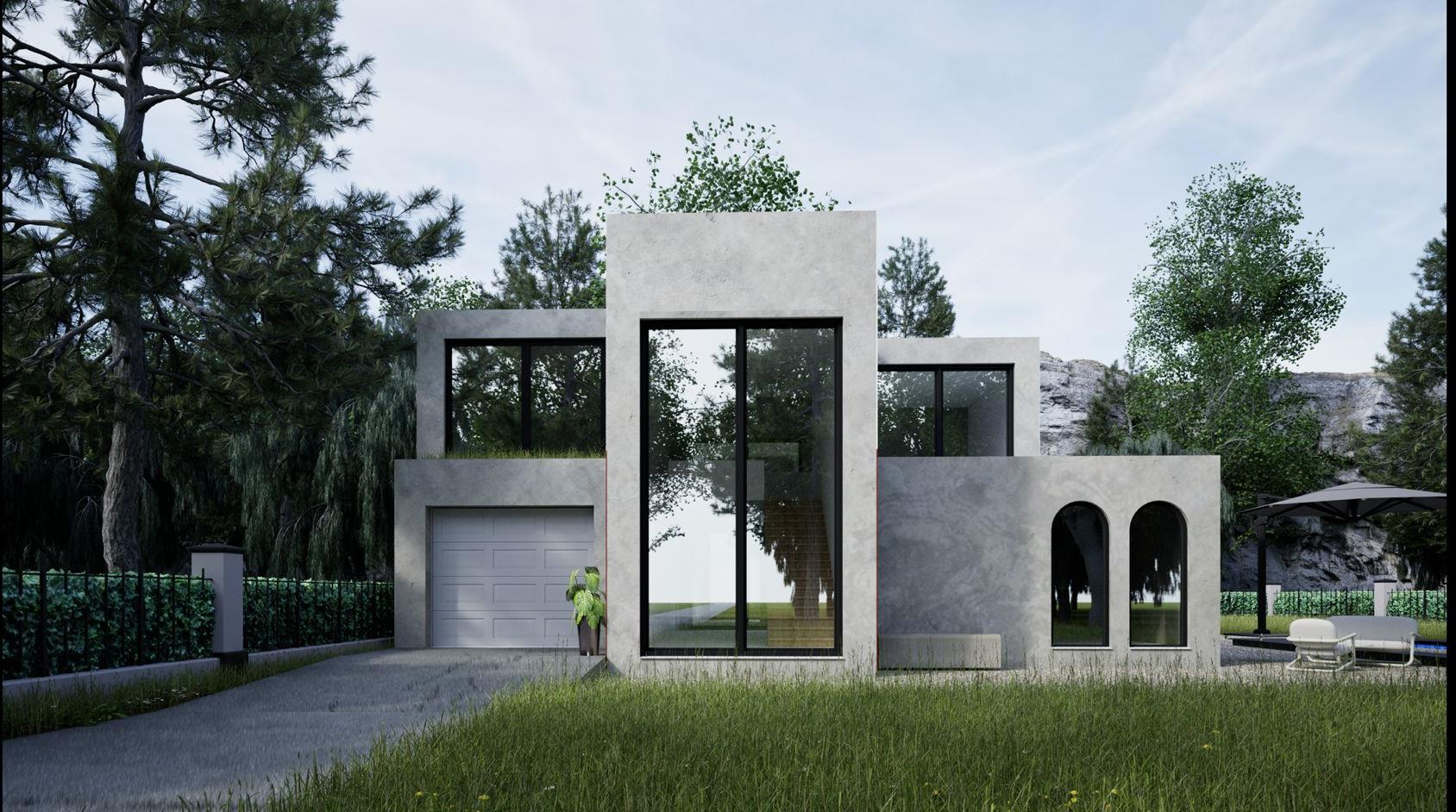 Detached modern villa with light facade and tall windows